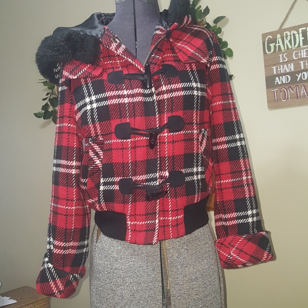 Merona Spunky, Red, white & black plaid pea coat sz M